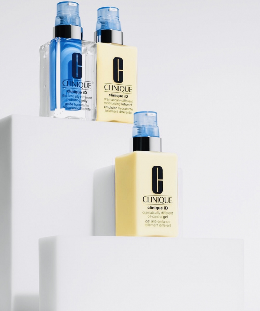 La nuova linea di creme per la cura del viso Clinique iD, idratazione + trattamento mirato, il colore blu è per pori dilatati e grana non uniforme